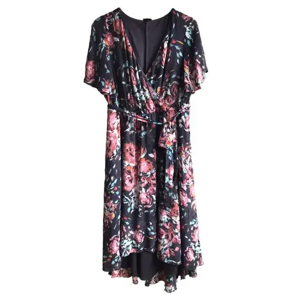 Torrid Faux Wrap High Low Midi Dress Size 2X Swiss Dot Floral Flutter Sleeves - Picture 3 of 16